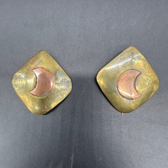 Vintage Earrings Crescent Moon Brass Copper Boho Celestial Modern Mixed Metal - Picture 2 of 8